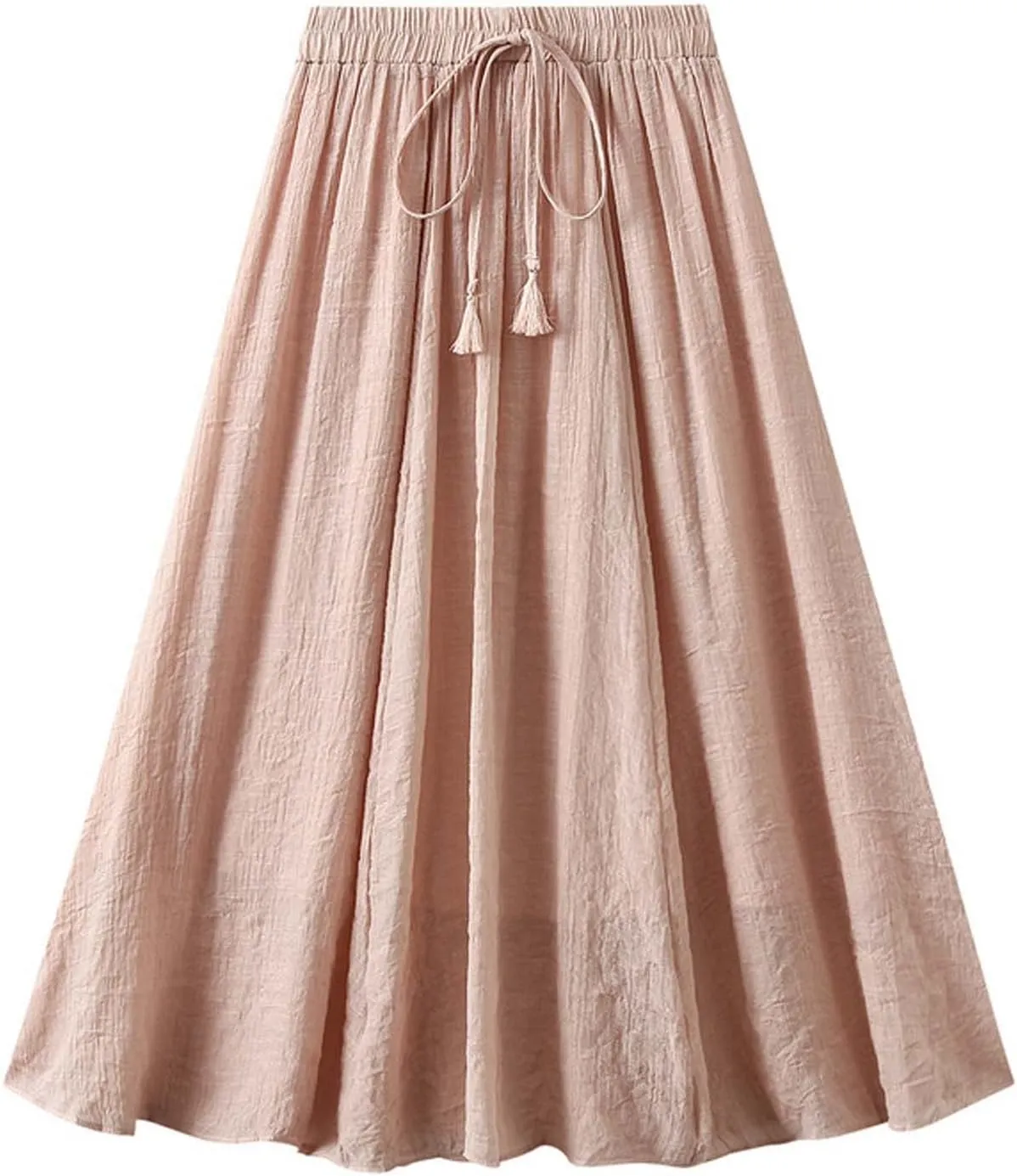 Women Cotton Linen Skirt Solid Elastic Waisted Pleated Long Skirt Summer Casual Flowy Beach Holiday Bohemian Skirts