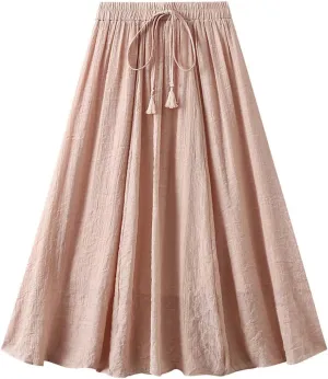 Women Cotton Linen Skirt Solid Elastic Waisted Pleated Long Skirt Summer Casual Flowy Beach Holiday Bohemian Skirts