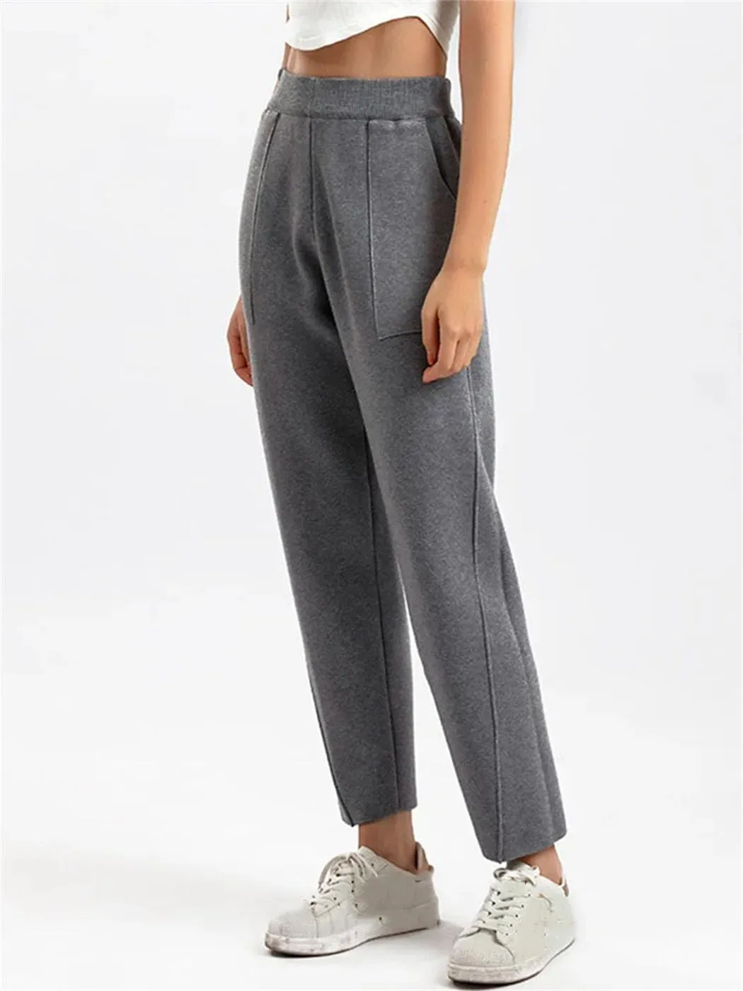 Women Fall Winter Knit Harem Pants High Waist Elastic Casual Solid Ankle Length Trousers with Pockets
