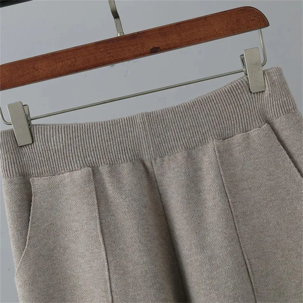Women Fall Winter Knit Harem Pants High Waist Elastic Casual Solid Ankle Length Trousers with Pockets