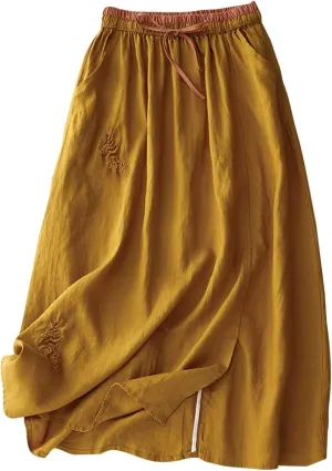 Women Floral Embroidered Midi Skirt Summer Cotton Linen Pleated A-Line Skirts Elastic High Waist Split Beach Skirt