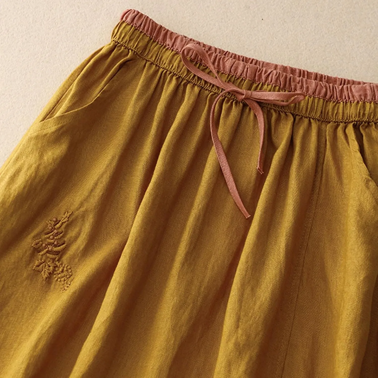 Women Floral Embroidered Midi Skirt Summer Cotton Linen Pleated A-Line Skirts Elastic High Waist Split Beach Skirt