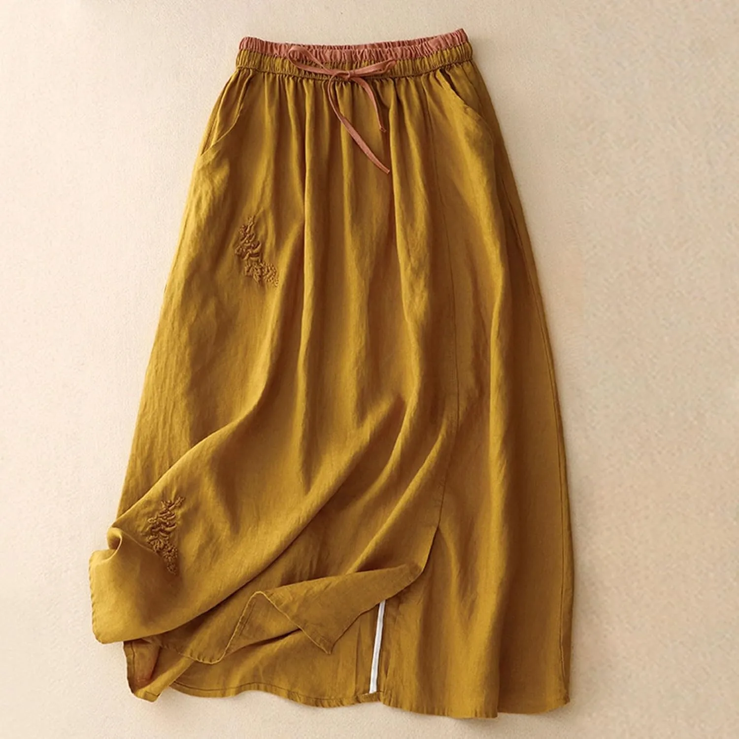 Women Floral Embroidered Midi Skirt Summer Cotton Linen Pleated A-Line Skirts Elastic High Waist Split Beach Skirt
