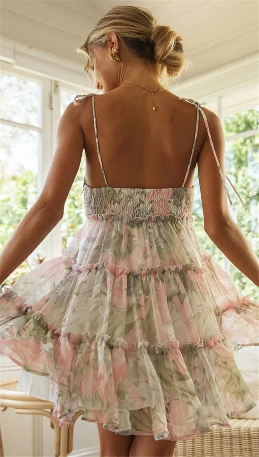 Women Floral Mini Dress Spaghetti Strap Ruffle Tiered Dress, Casual Summer Strap Tiered Ruffle Flowy Chiffon Boho Sundress