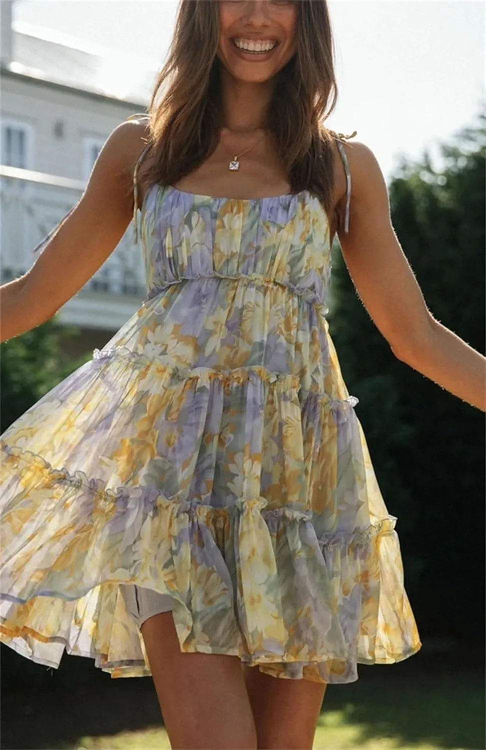 Women Floral Mini Dress Spaghetti Strap Ruffle Tiered Dress, Casual Summer Strap Tiered Ruffle Flowy Chiffon Boho Sundress