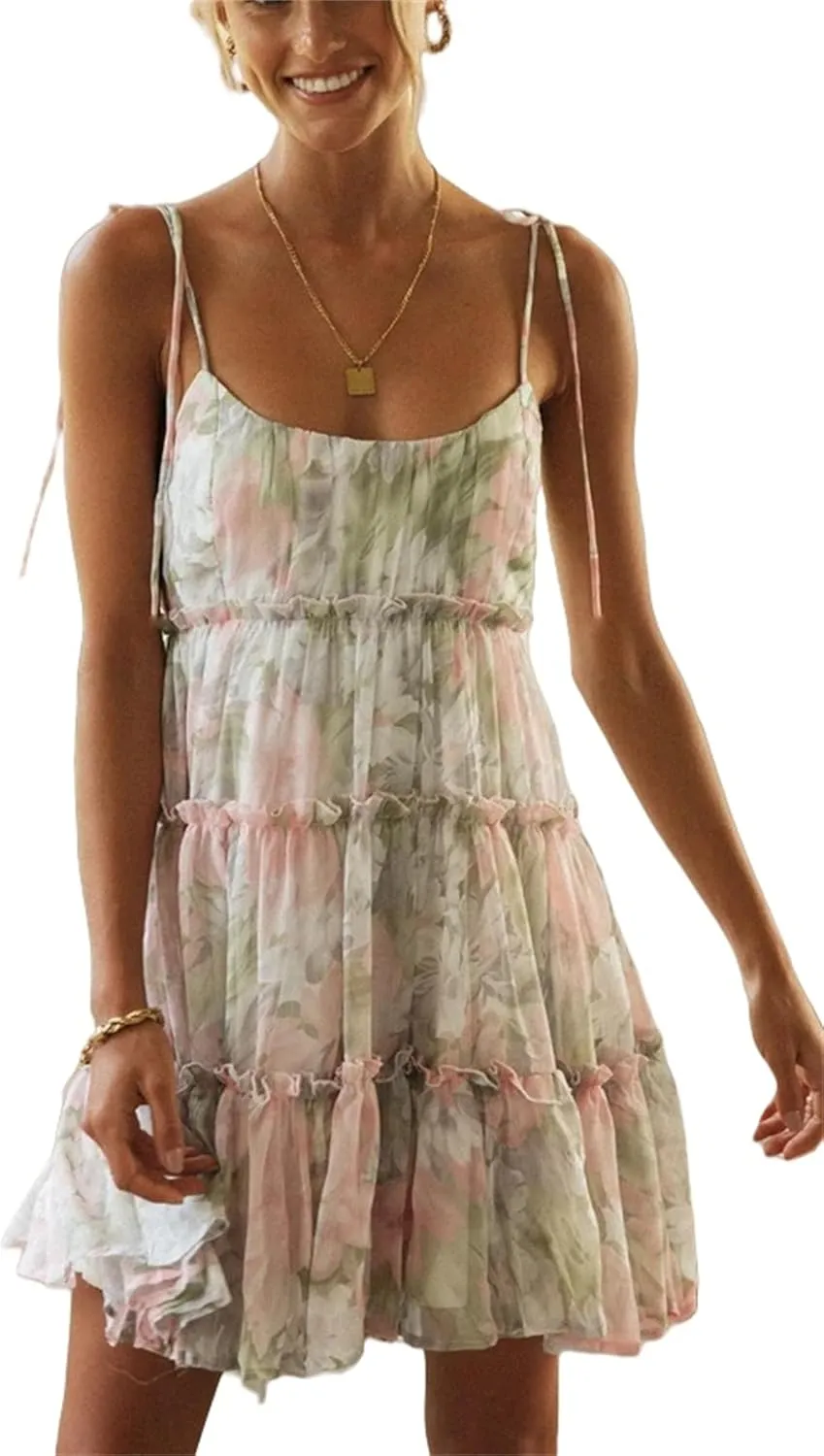 Women Floral Mini Dress Spaghetti Strap Ruffle Tiered Dress, Casual Summer Strap Tiered Ruffle Flowy Chiffon Boho Sundress