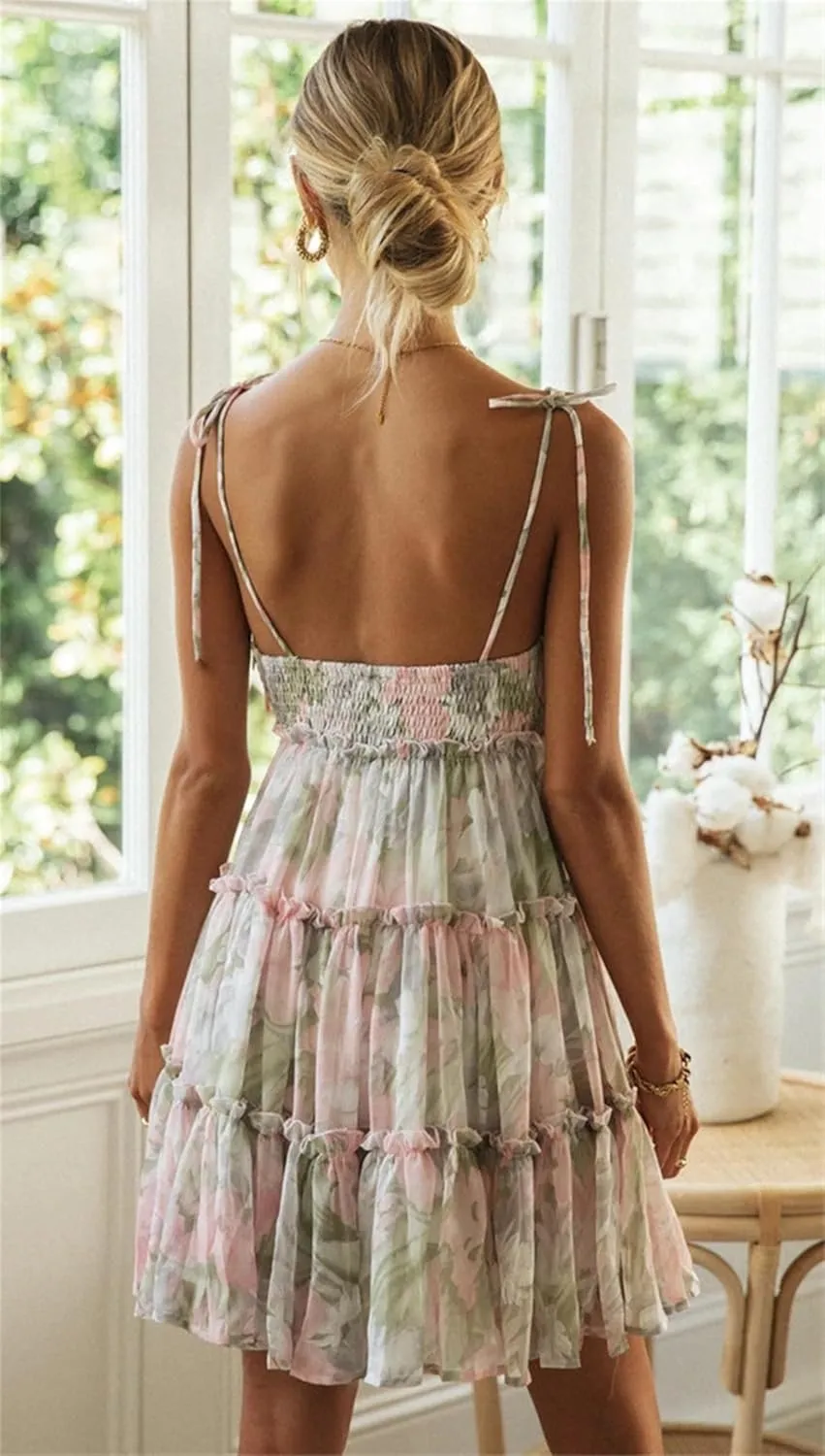 Women Floral Mini Dress Spaghetti Strap Ruffle Tiered Dress, Casual Summer Strap Tiered Ruffle Flowy Chiffon Boho Sundress