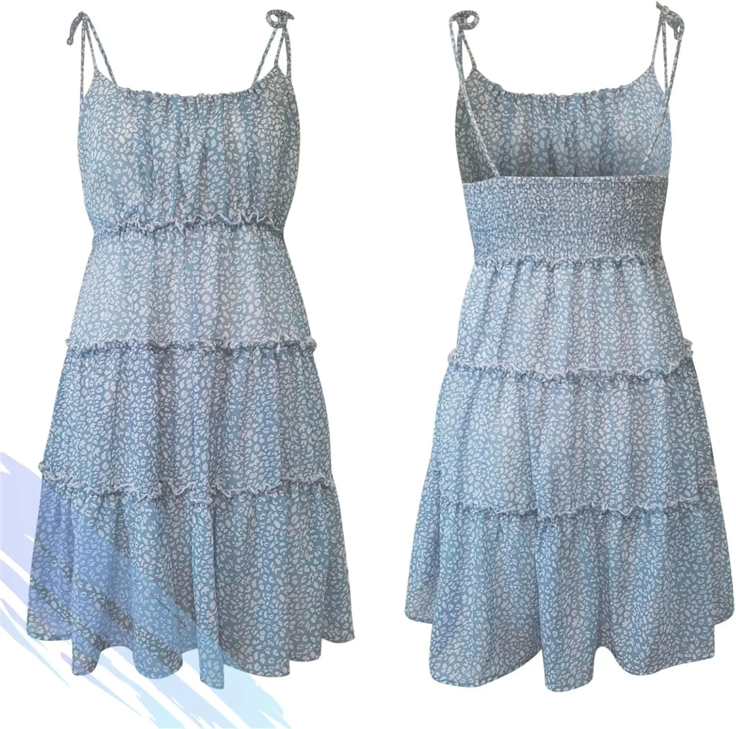 Women Floral Mini Dress Spaghetti Strap Ruffle Tiered Dress, Short Sleeveless Ruffle Spaghetti Strap Dresses