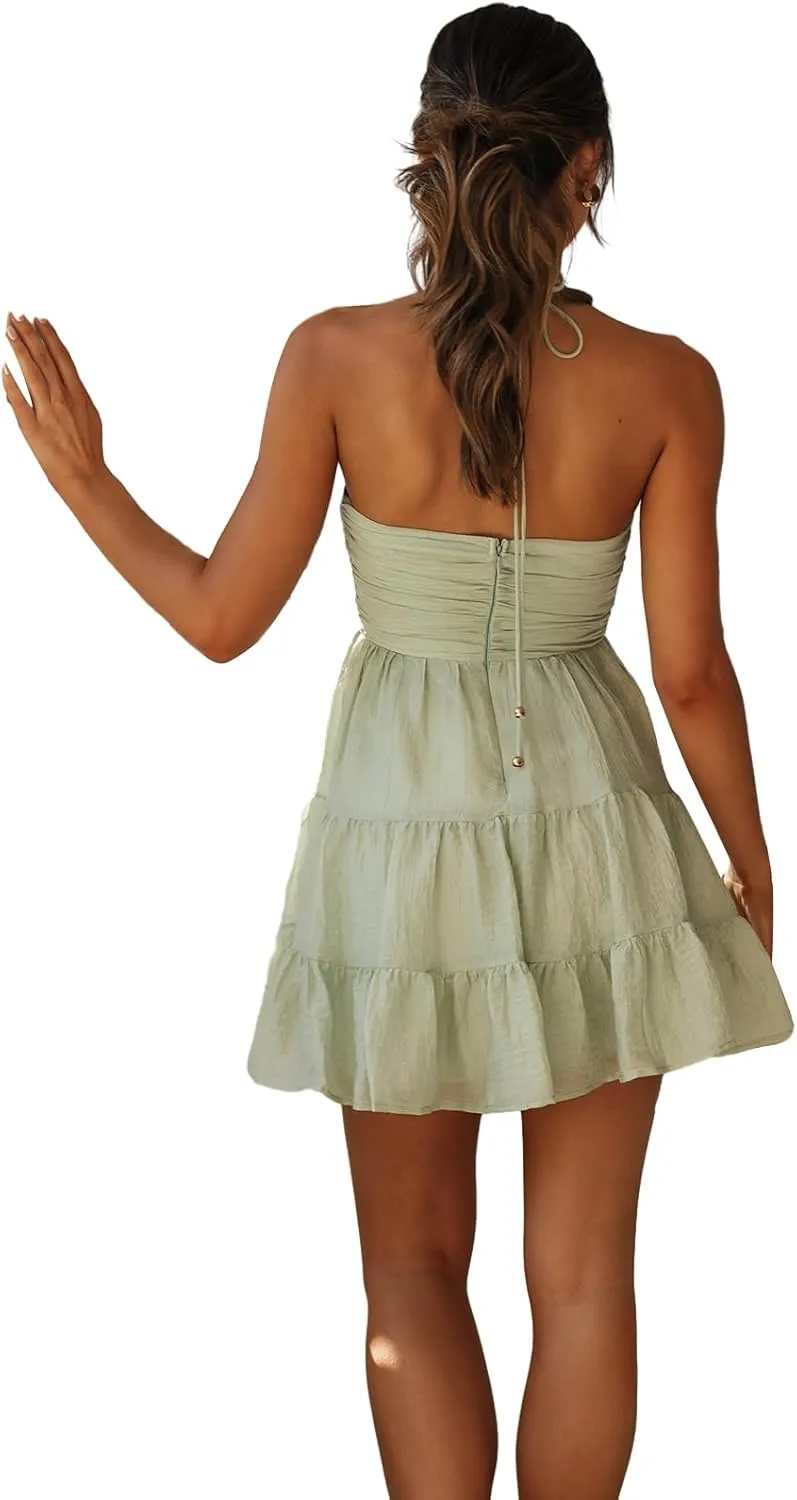Women Halter Neck Maxi Dress Sexy Sleeveless Backless Flowy Long Dress Summer Low Cut Beach Holiday Sundresses