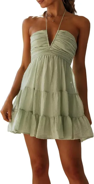 Women Halter Neck Maxi Dress Sexy Sleeveless Backless Flowy Long Dress Summer Low Cut Beach Holiday Sundresses