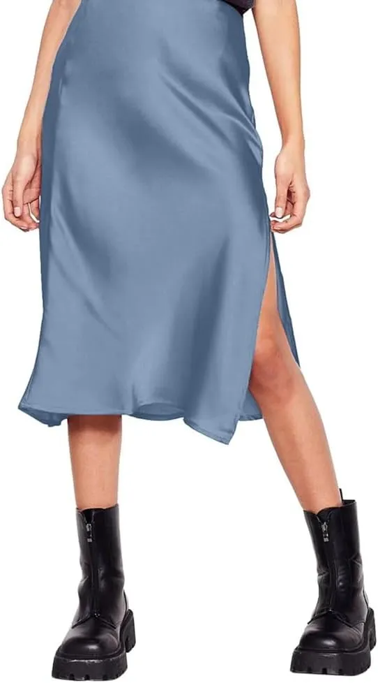 Women Korean Satin Silk Skirt High Waisted Summer Midi Skirt with Slit Solid Elegant Ladies Office Skirts