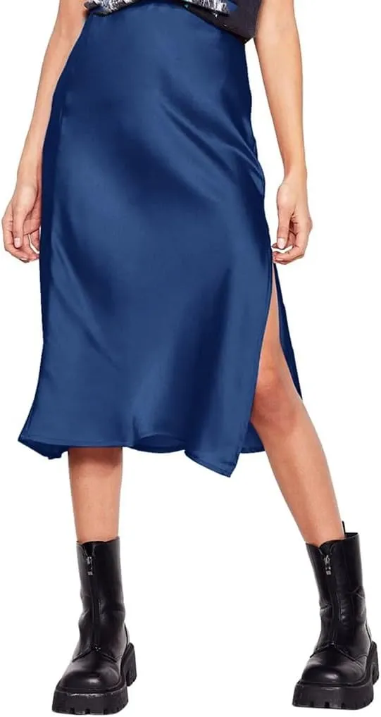 Women Korean Satin Silk Skirt High Waisted Summer Midi Skirt with Slit Solid Elegant Ladies Office Skirts