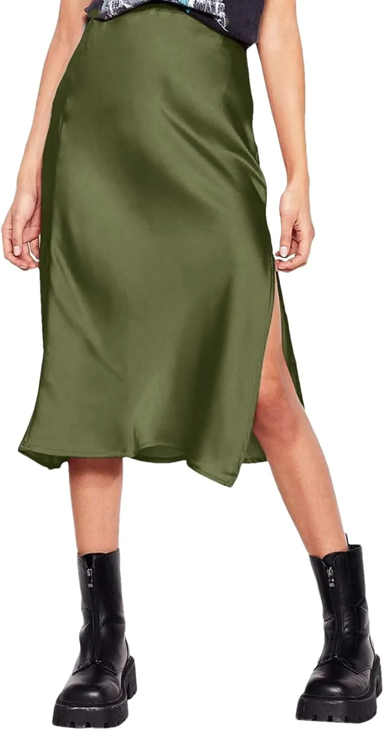 Women Korean Satin Silk Skirt High Waisted Summer Midi Skirt with Slit Solid Elegant Ladies Office Skirts