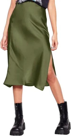 Women Korean Satin Silk Skirt High Waisted Summer Midi Skirt with Slit Solid Elegant Ladies Office Skirts