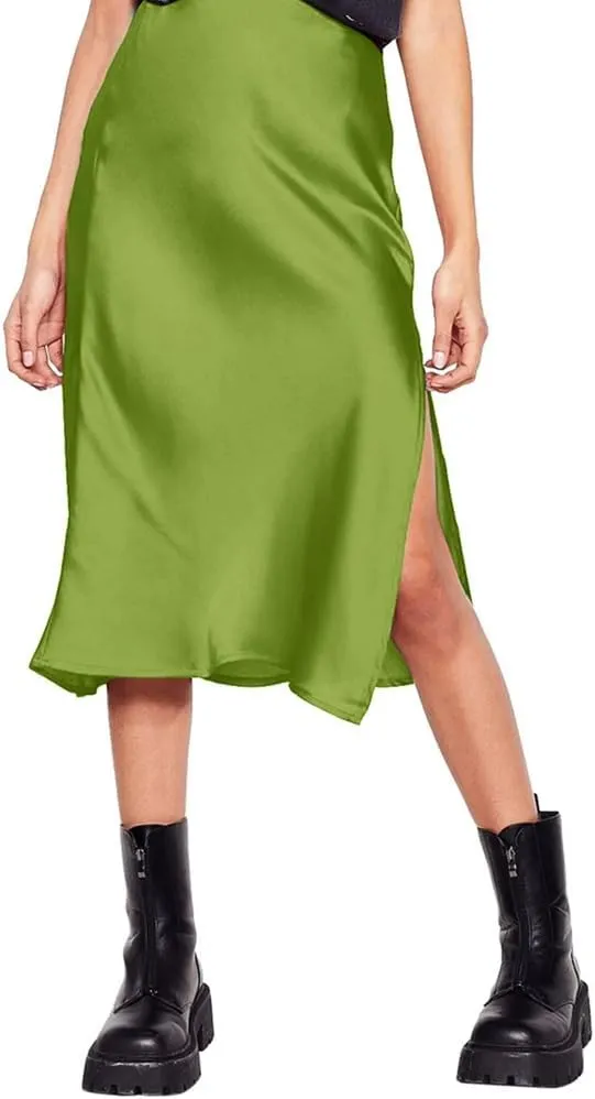 Women Korean Satin Silk Skirt High Waisted Summer Midi Skirt with Slit Solid Elegant Ladies Office Skirts