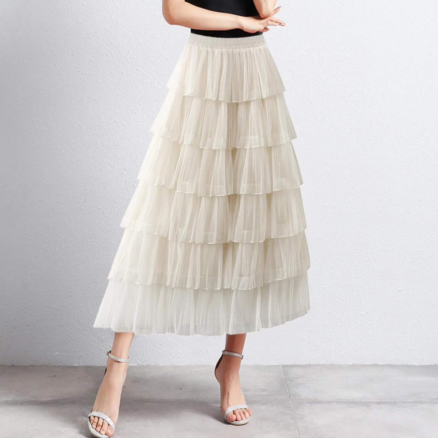 Women Mid Length Skirt Dance Party A Line High Waisted Tulle Tiered Skirt Holiday Party Little Girls Leather