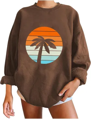 Women Oversized Tropical Palm Trees Graphic Sweatshirts Beach Vintage Style Fashion Long Sleeve Crewneck Pullovers