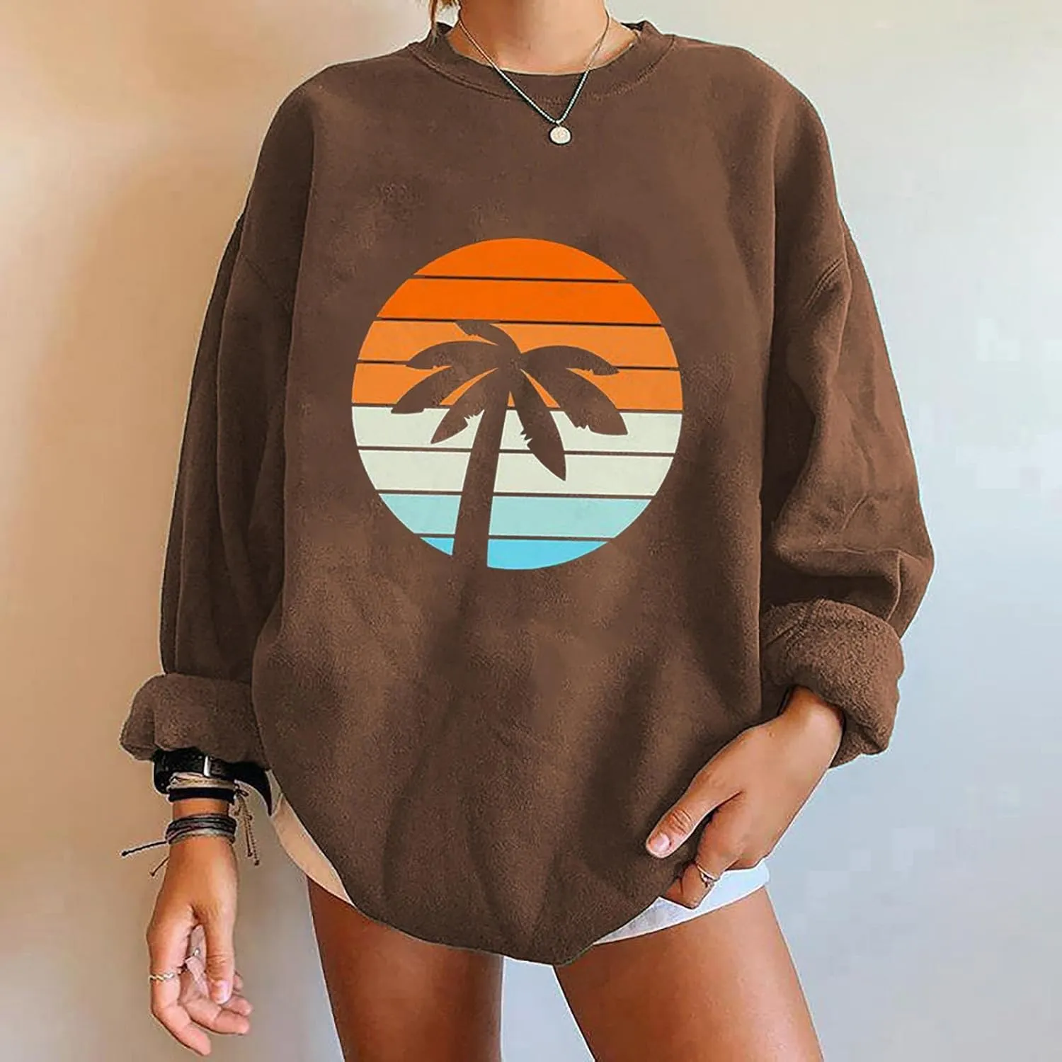 Women Oversized Tropical Palm Trees Graphic Sweatshirts Beach Vintage Style Fashion Long Sleeve Crewneck Pullovers