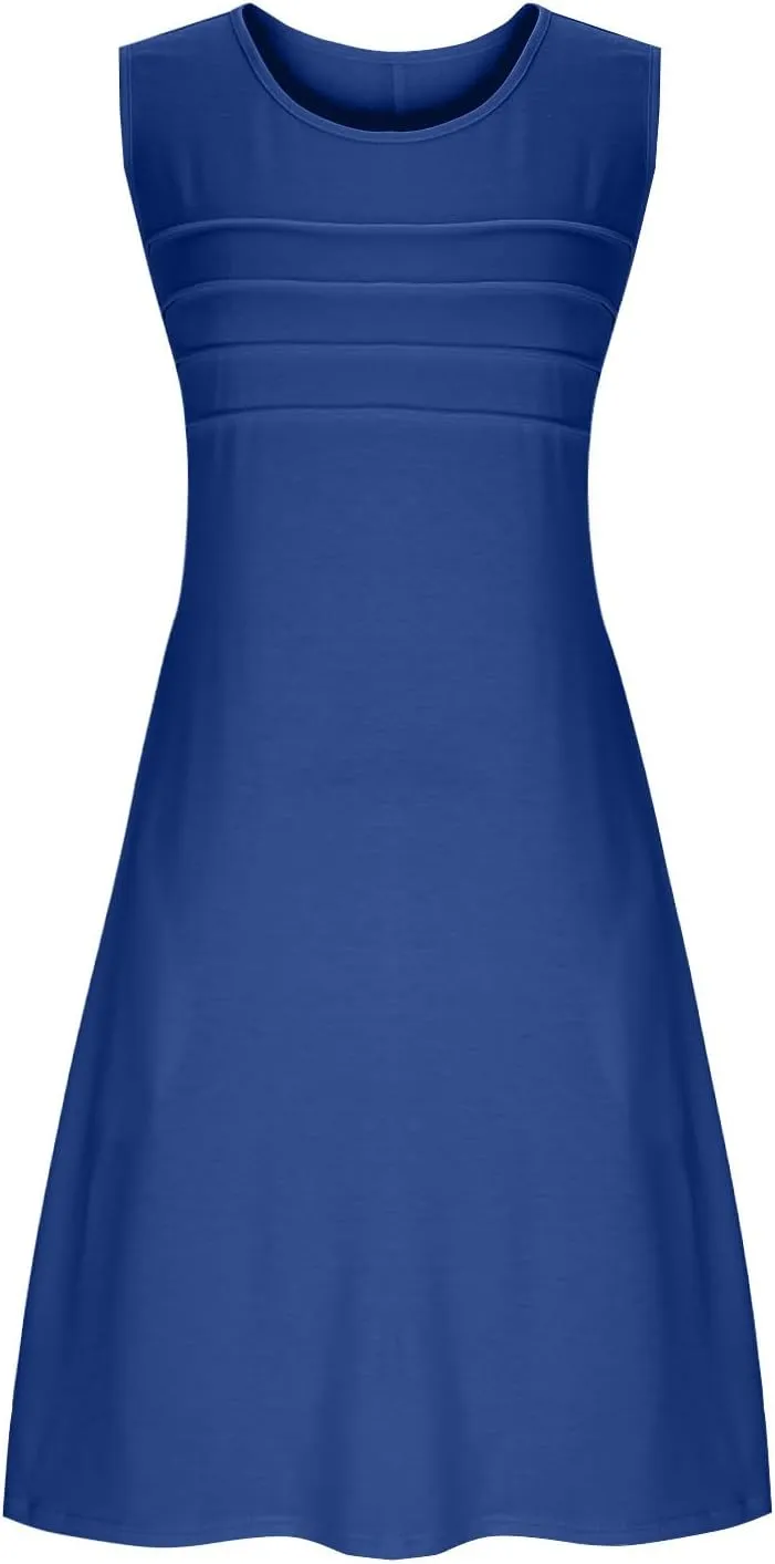 Women Pleated Front Tank Dresses with Pockets Spring Summer Sleeveless Sundress Casual Loose Fit Crewneck Tunic Dress