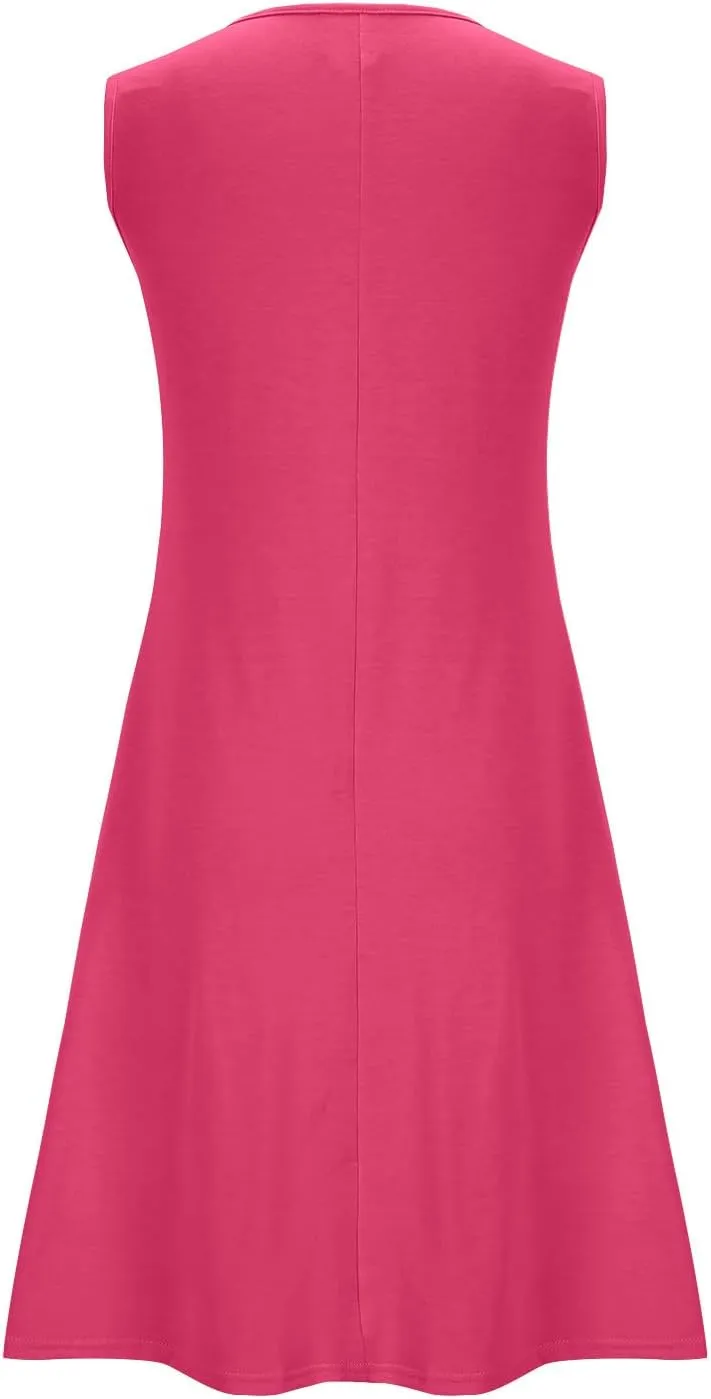 Women Pleated Front Tank Dresses with Pockets Spring Summer Sleeveless Sundress Casual Loose Fit Crewneck Tunic Dress