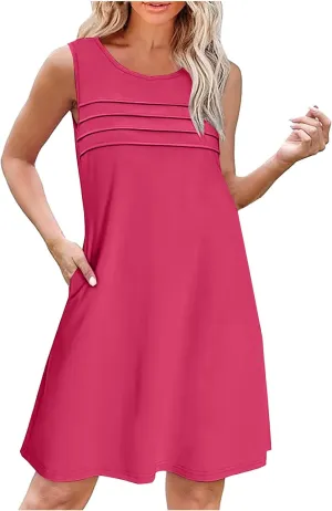 Women Pleated Front Tank Dresses with Pockets Spring Summer Sleeveless Sundress Casual Loose Fit Crewneck Tunic Dress