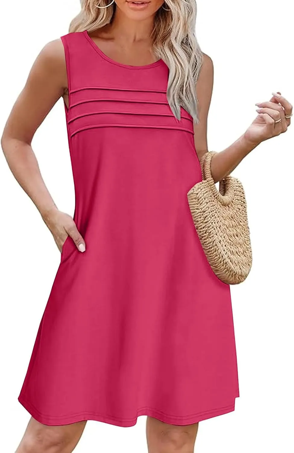 Women Pleated Front Tank Dresses with Pockets Spring Summer Sleeveless Sundress Casual Loose Fit Crewneck Tunic Dress