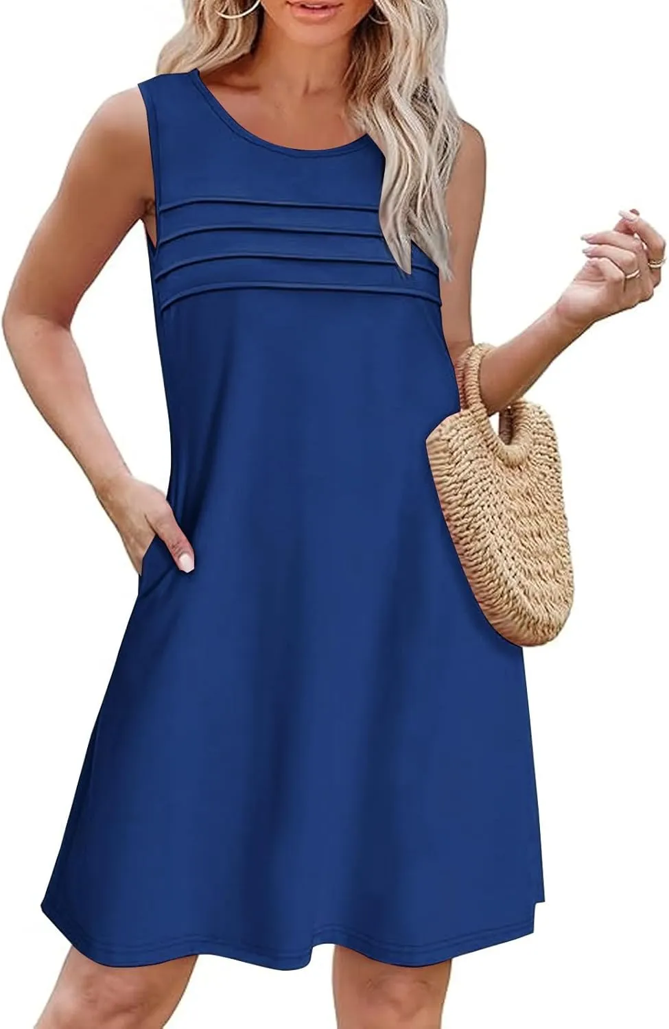 Women Pleated Front Tank Dresses with Pockets Spring Summer Sleeveless Sundress Casual Loose Fit Crewneck Tunic Dress