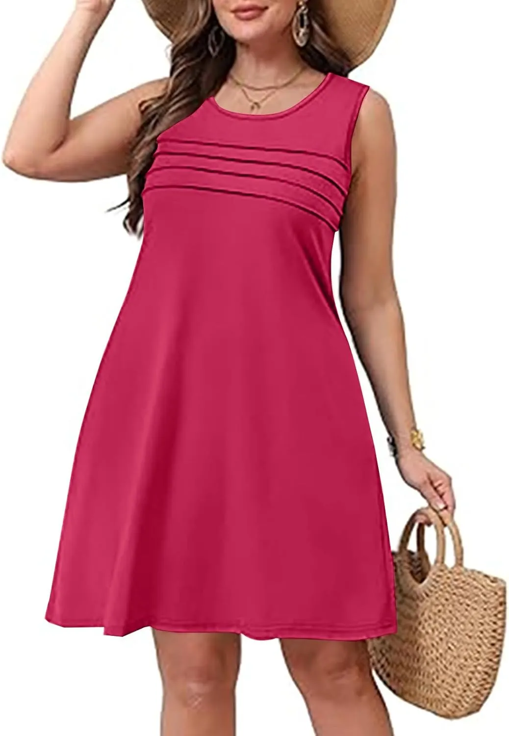 Women Pleated Front Tank Dresses with Pockets Spring Summer Sleeveless Sundress Casual Loose Fit Crewneck Tunic Dress