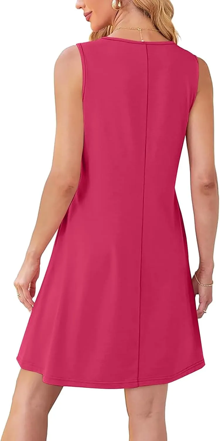 Women Pleated Front Tank Dresses with Pockets Spring Summer Sleeveless Sundress Casual Loose Fit Crewneck Tunic Dress