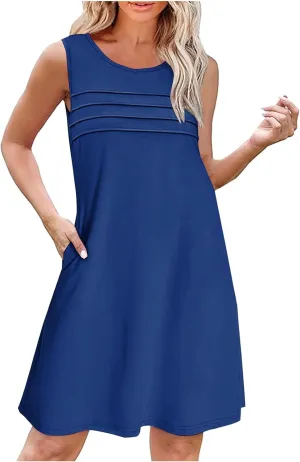Women Pleated Front Tank Dresses with Pockets Spring Summer Sleeveless Sundress Casual Loose Fit Crewneck Tunic Dress