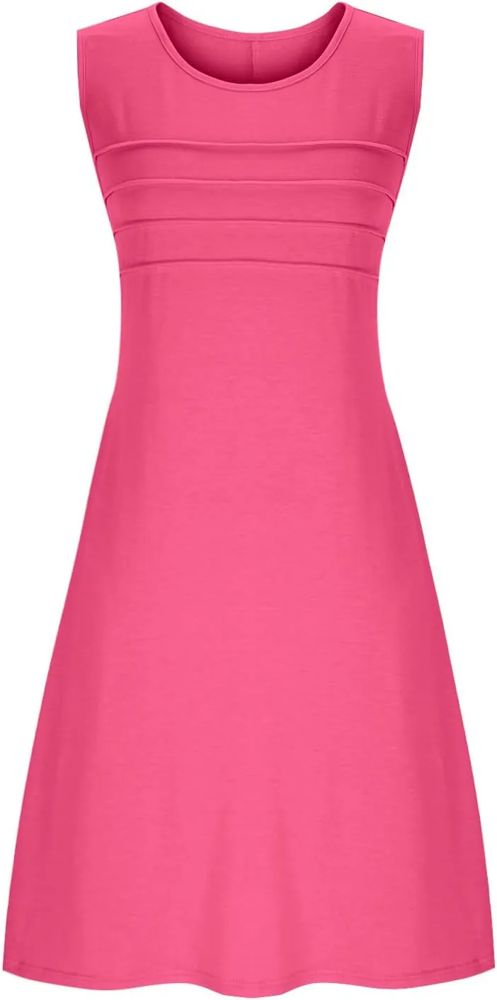 Women Pleated Front Tank Dresses with Pockets Spring Summer Sleeveless Sundress Casual Loose Fit Crewneck Tunic Dress