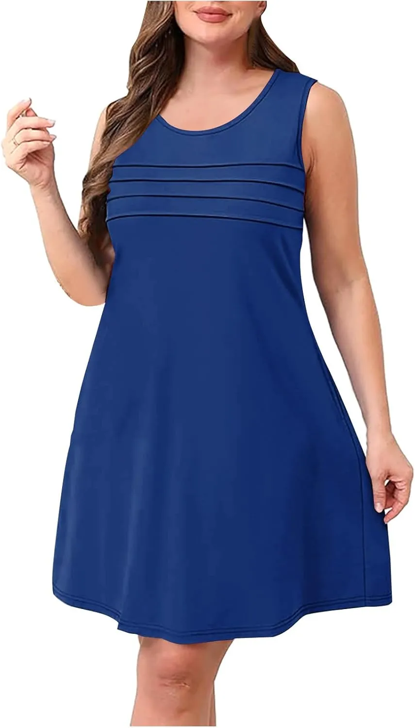 Women Pleated Front Tank Dresses with Pockets Spring Summer Sleeveless Sundress Casual Loose Fit Crewneck Tunic Dress