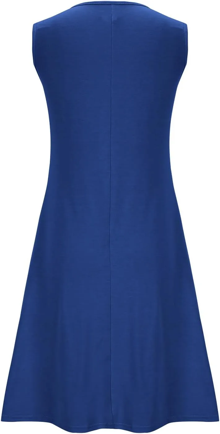 Women Pleated Front Tank Dresses with Pockets Spring Summer Sleeveless Sundress Casual Loose Fit Crewneck Tunic Dress