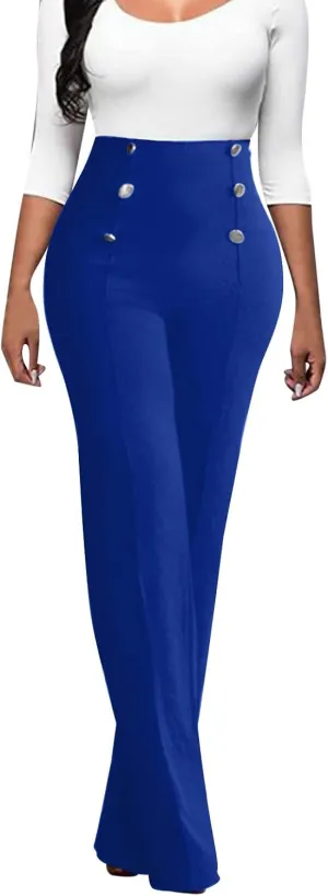 Women Plus Size Button-Down Bootcut Wide Leg Pants Sailor Bell Button Flare Pants Stretchy Long High Waist Business Trousers