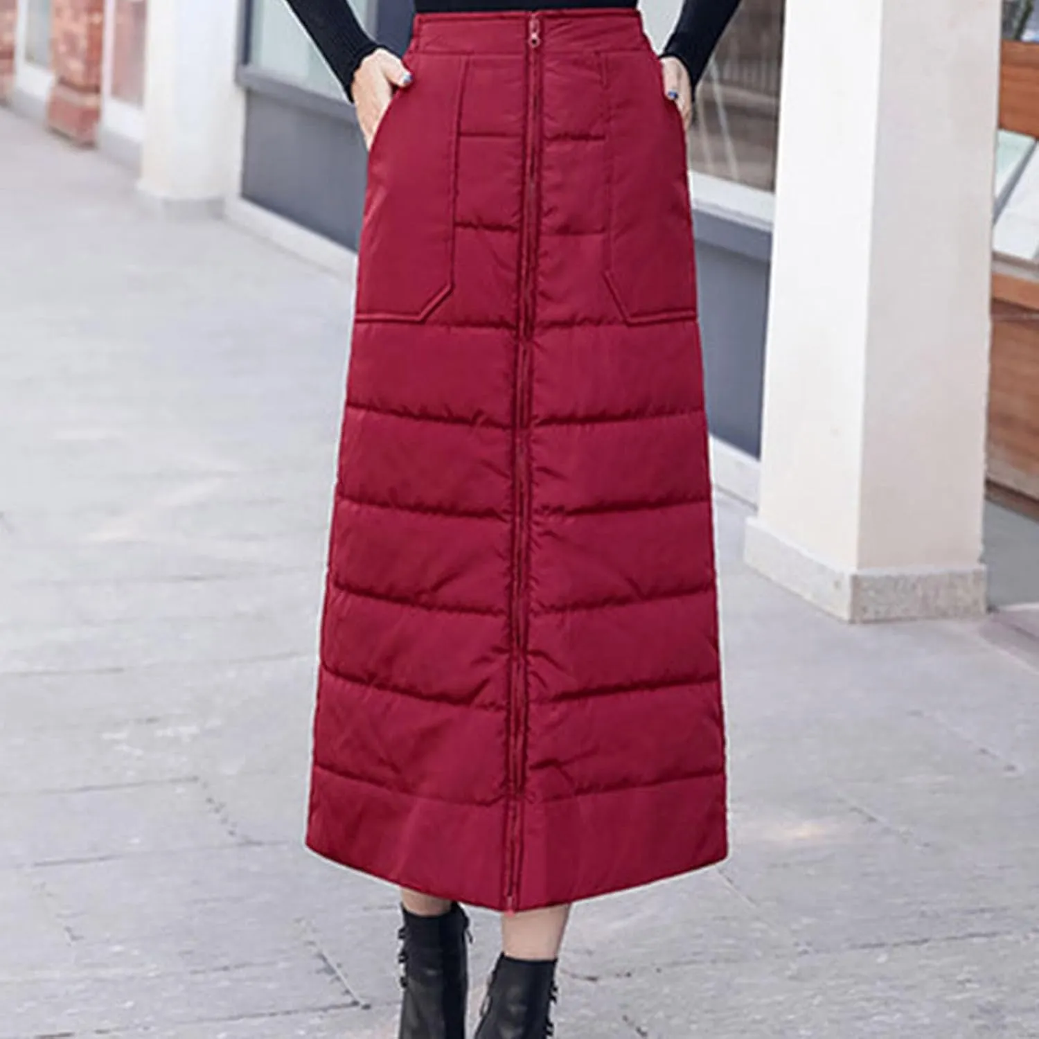 Women Puffer Quilted Maxi Skirt Fashion Thick Warm Zip Up Casual Skirts High Waist Puffer A-Line Clothes with Pockets