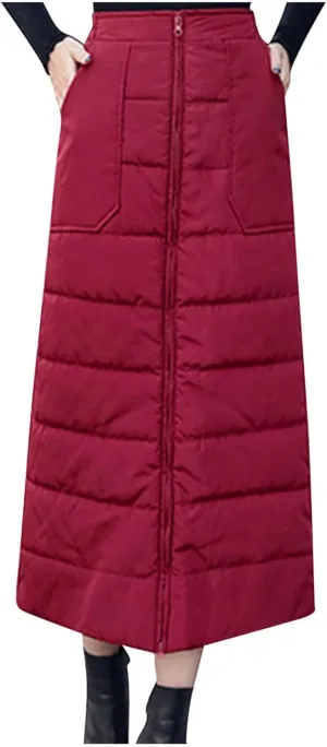 Women Puffer Quilted Maxi Skirt Fashion Thick Warm Zip Up Casual Skirts High Waist Puffer A-Line Clothes with Pockets