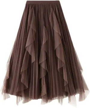 Women Purple Gradient Color Tulle Skirt Midi Long High Waist Pleated Party Skirt