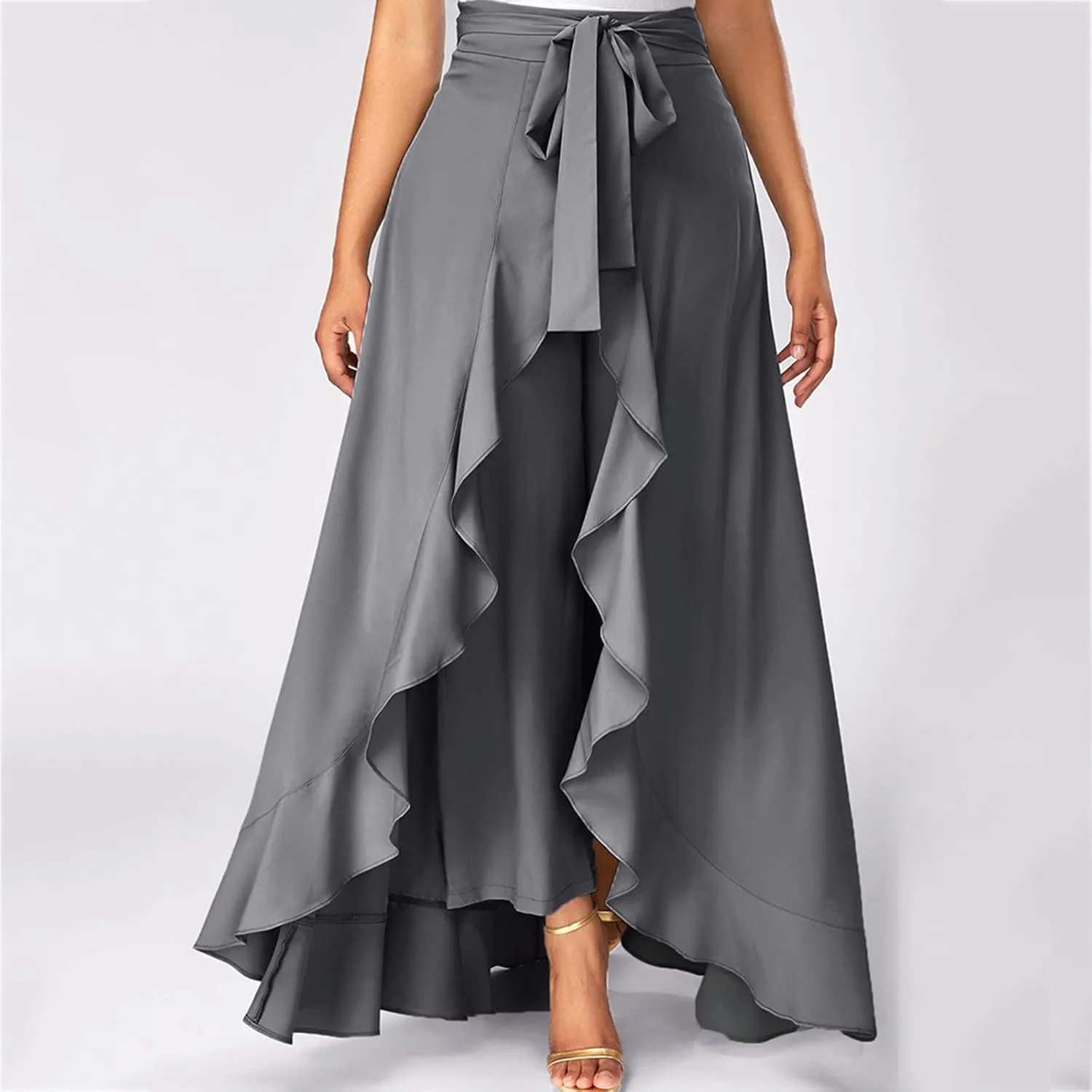 Women Ruffle Pants Flowy Trousers with Skirt High Waist Maxi Skirts Dressy Casual Skirts Lace Up Overlay Pant Skirts