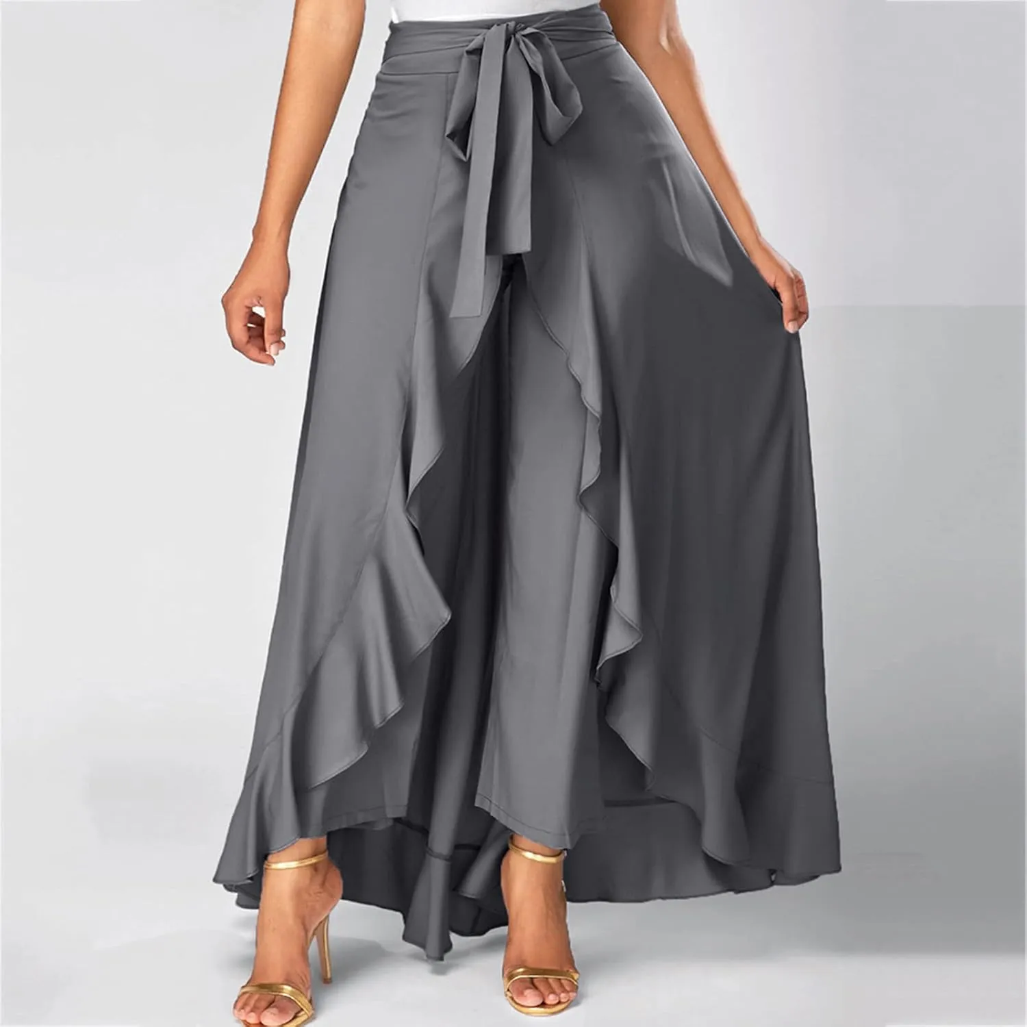Women Ruffle Pants Flowy Trousers with Skirt High Waist Maxi Skirts Dressy Casual Skirts Lace Up Overlay Pant Skirts