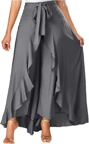 Women Ruffle Pants Flowy Trousers with Skirt High Waist Maxi Skirts Dressy Casual Skirts Lace Up Overlay Pant Skirts