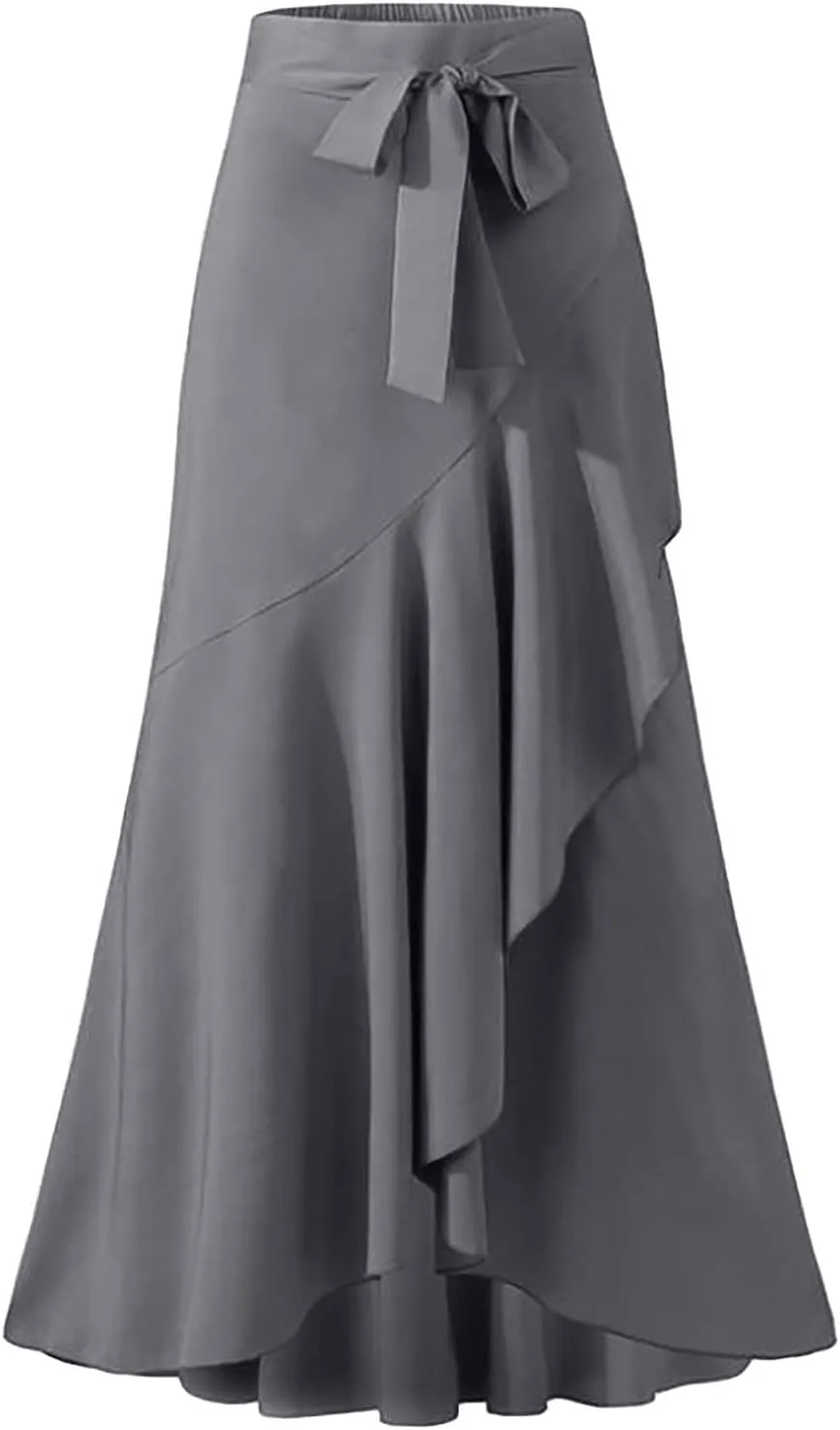 Women Ruffle Pants Flowy Trousers with Skirt High Waist Maxi Skirts Dressy Casual Skirts Lace Up Overlay Pant Skirts