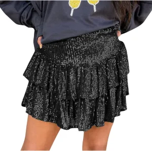 Women Sequin Skirt Sparkly Cute High Waist Ruffle Flowy Shiny Glitter Y2K Mini Short Skirts Night Out Club Party