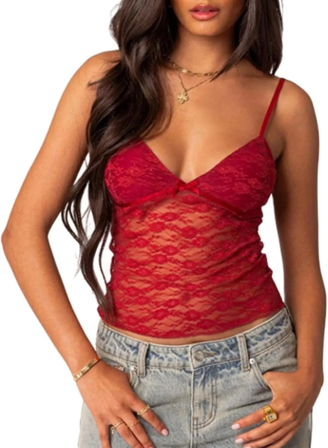 Women Sexy Lace Camisole Cute Crop Tops Sleeveless Slim Fit Low-Cut Mesh See-Through Y2K Tops Shirt