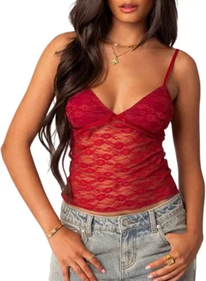 Women Sexy Lace Camisole Cute Crop Tops Sleeveless Slim Fit Low-Cut Mesh See-Through Y2K Tops Shirt