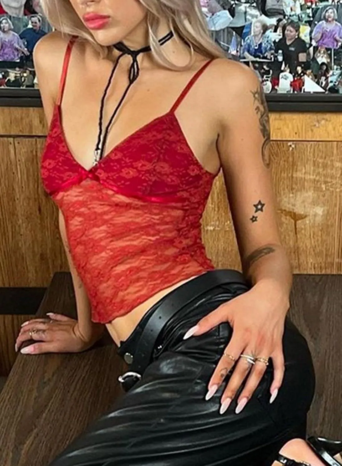 Women Sexy Lace Camisole Cute Crop Tops Sleeveless Slim Fit Low-Cut Mesh See-Through Y2K Tops Shirt