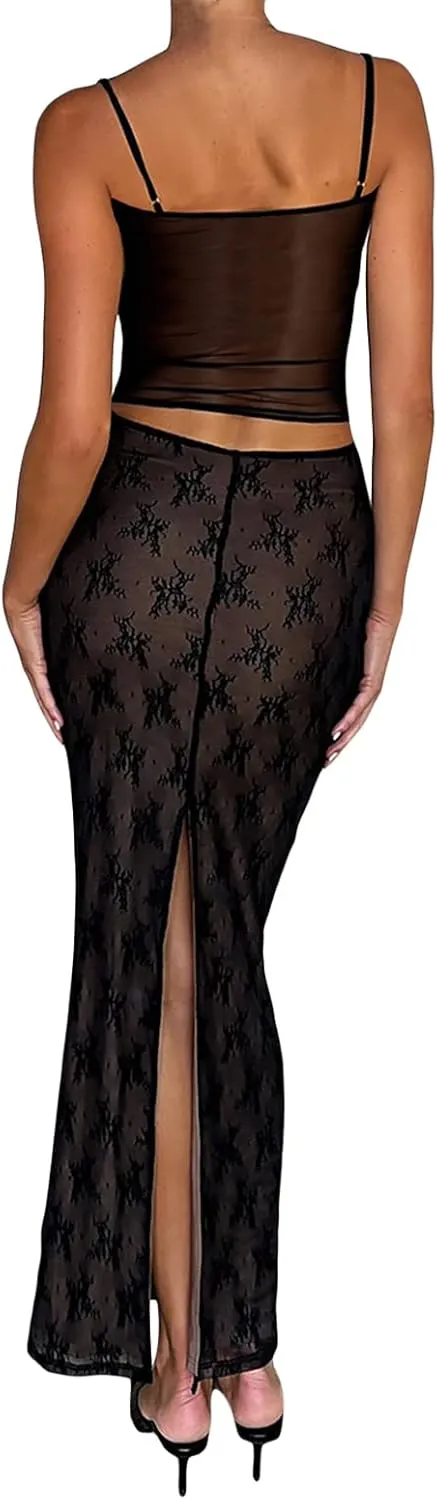 Women Sexy Two Piece Maxi Skirt Set Y2k Front Split Hem Strapless Lace Tube Top and Low Rise Long Skirt Set Clubwear