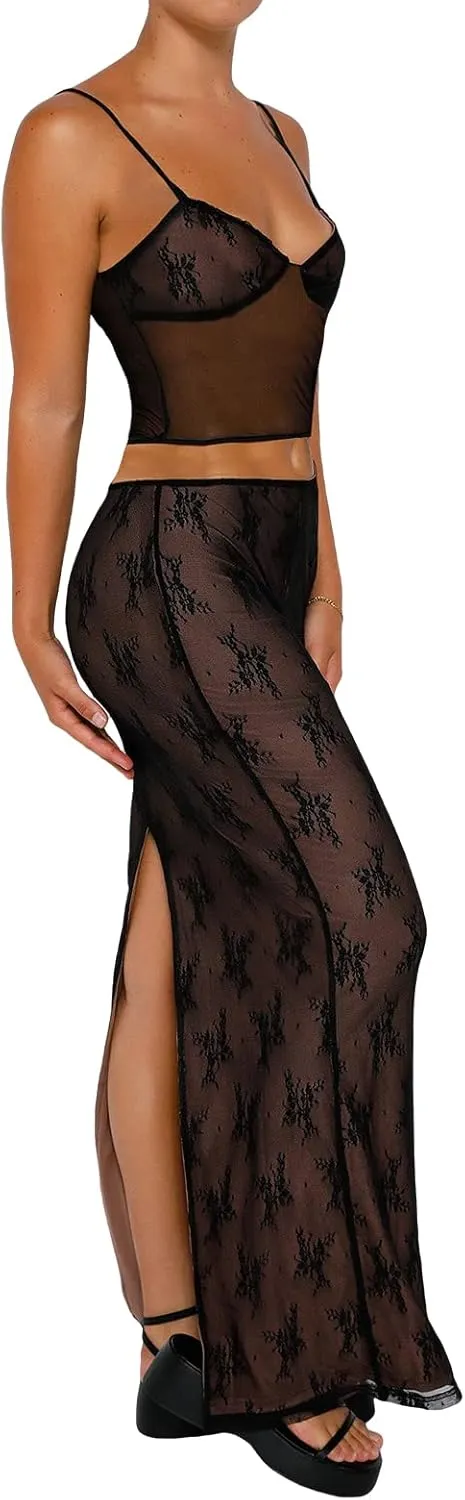 Women Sexy Two Piece Maxi Skirt Set Y2k Front Split Hem Strapless Lace Tube Top and Low Rise Long Skirt Set Clubwear