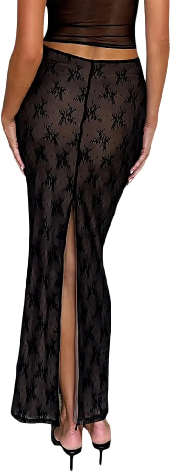 Women Sexy Two Piece Maxi Skirt Set Y2k Front Split Hem Strapless Lace Tube Top and Low Rise Long Skirt Set Clubwear