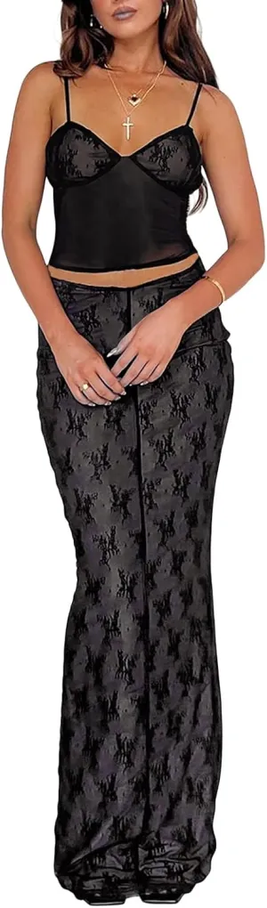 Women Sexy Two Piece Maxi Skirt Set Y2k Front Split Hem Strapless Lace Tube Top and Low Rise Long Skirt Set Clubwear