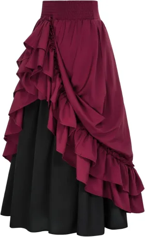 Women Steampunk Pleated Asymmetric Skirts High Waisted Plus Size Ruffle Hem Renaissance Skirt Layered Tiered Dress